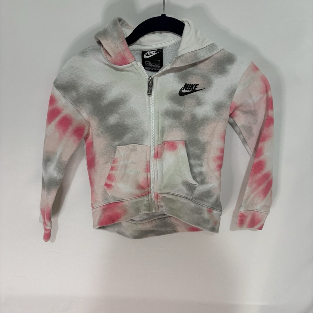 Nike Girls Zip Up Hoodie Pink White Tie Dye Size 5-6 Years